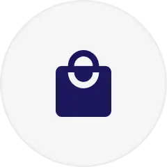 Simple blue shopping bag icon on a white circular background.