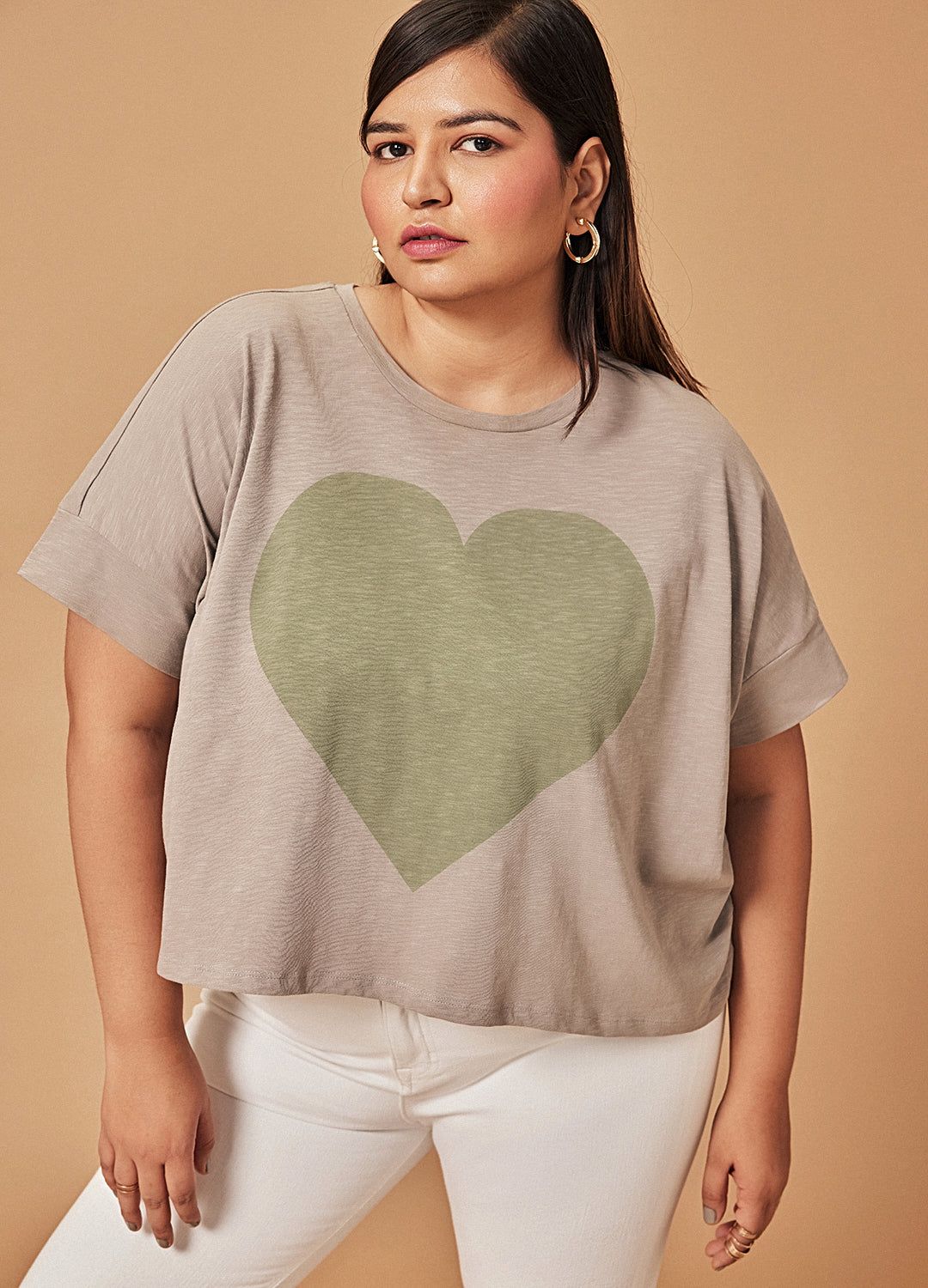 Amour Beige Heart Print Organic Cotton Oversized T Shirt For Women