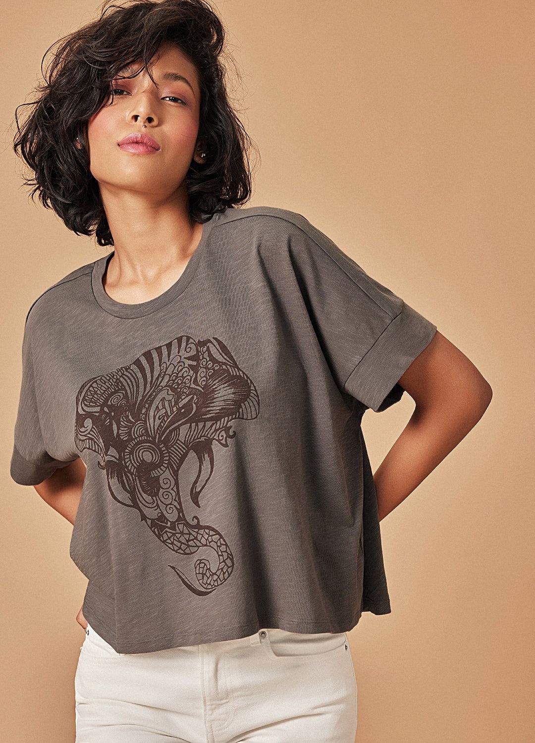 Ellie Grey Elephant Print Organic Cotton Oversized T Shirt For Women Online