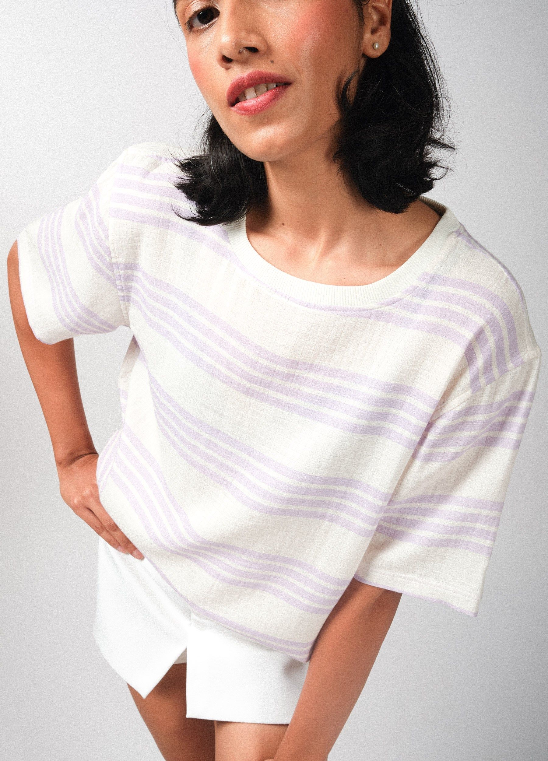 Lavender Stripe Organic Cotton Muslin T Shirt For Women Online