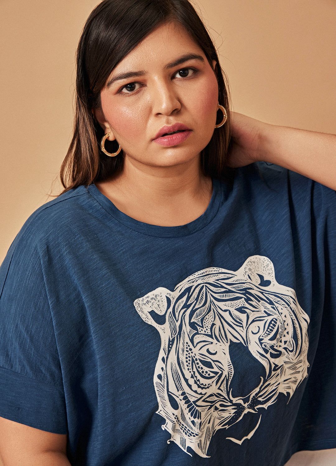 Tigris Blue Tiger Print Organic Cotton Round Neck Oversized T Shirt For Women Online