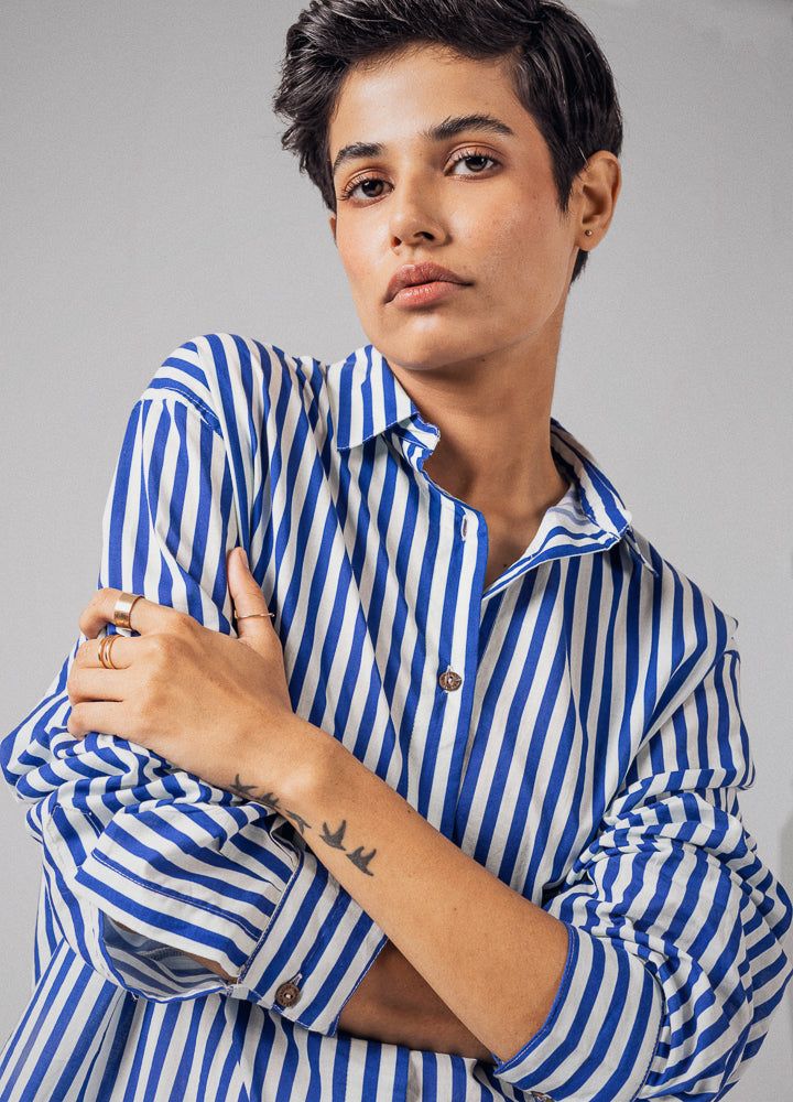 Cobalt Anywhere Blue Stripe Cotton Summer Shirt For Women Online