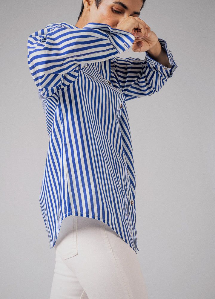 Cobalt Anywhere Blue Stripe Cotton Summer Shirt For Women Online