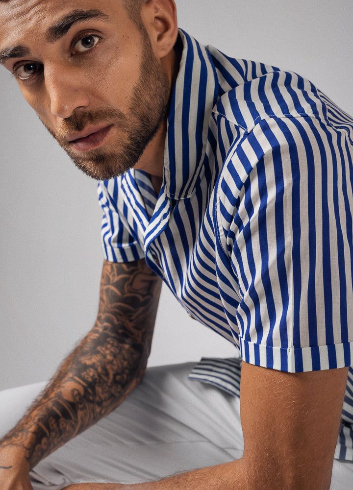 Cobalt Stripe Organic Cotton Cuban Shirt For Men Online