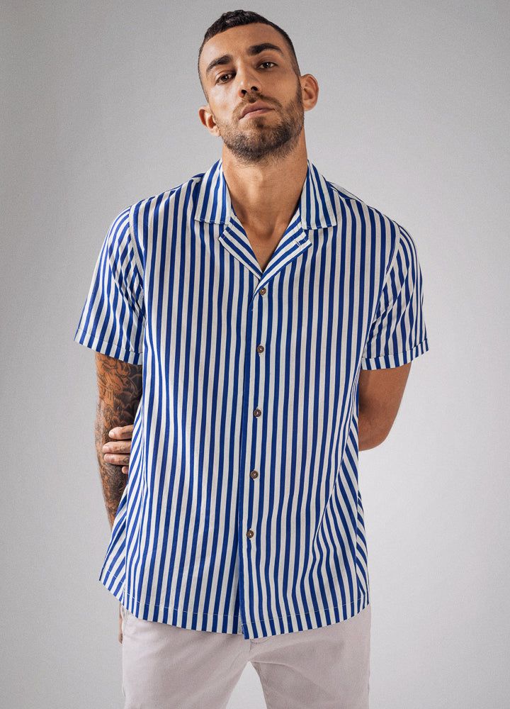 Cobalt Stripe Organic Cotton Cuban Shirt For Men Online