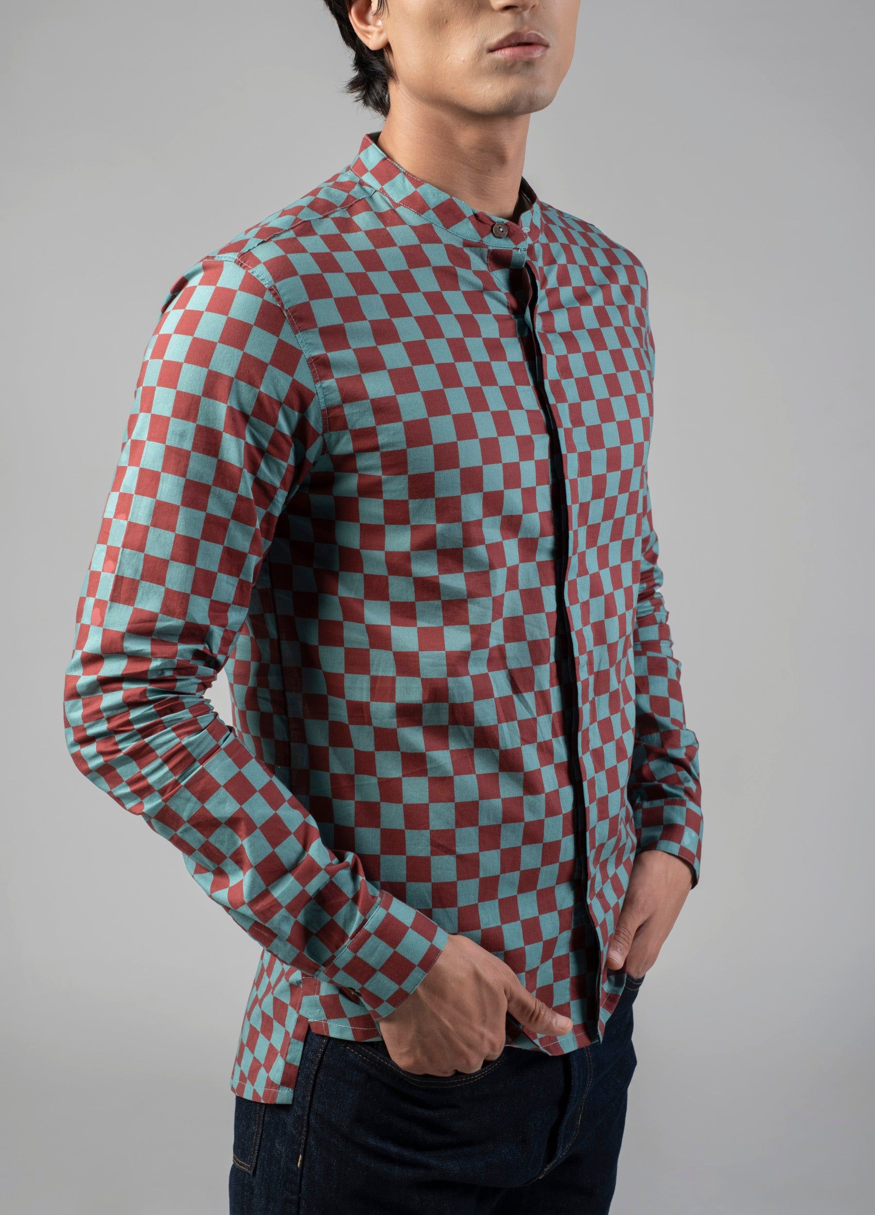 Syrah Checkers Mandarin Shirt