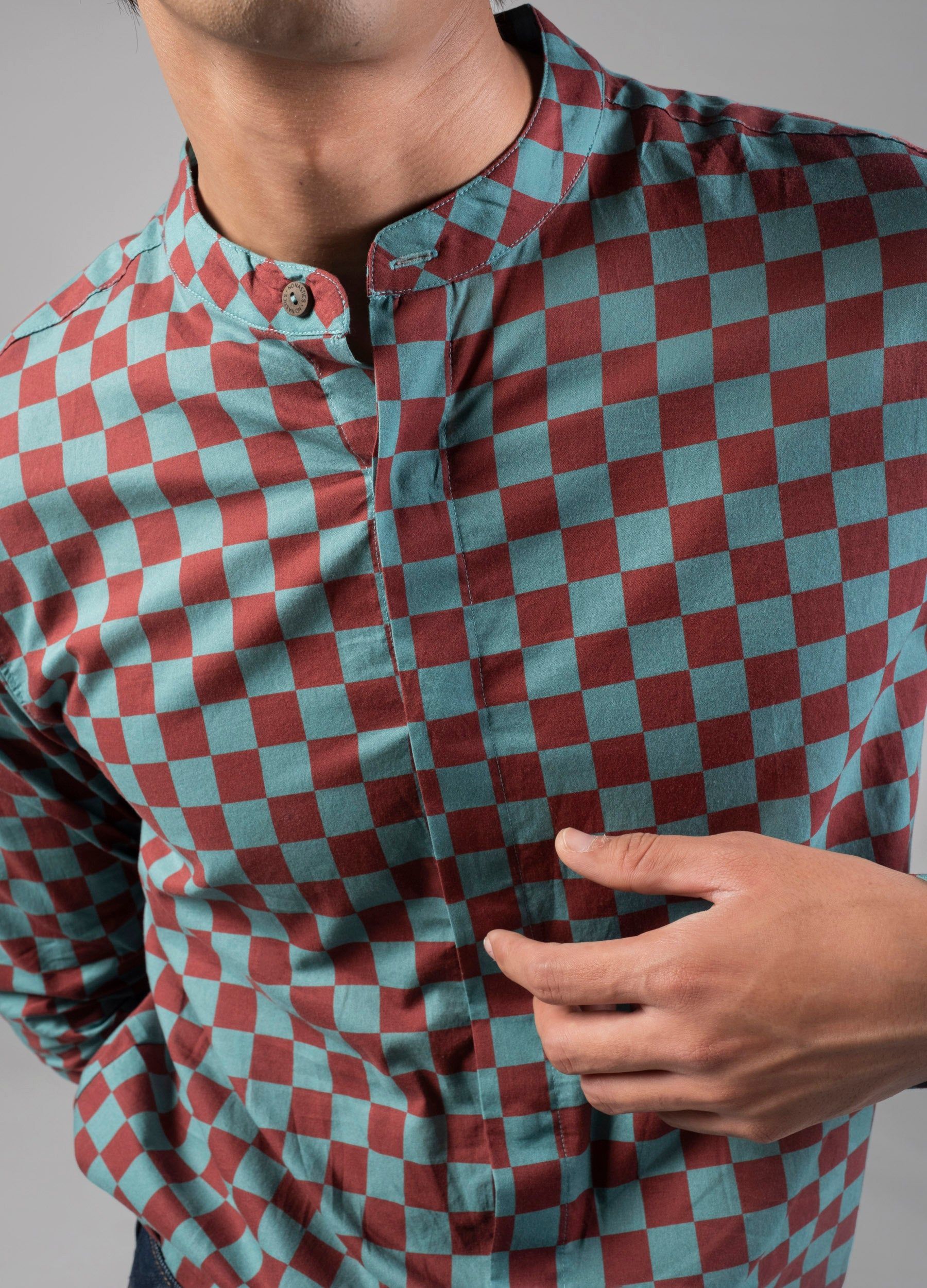 Syrah Checkers Mandarin Shirt