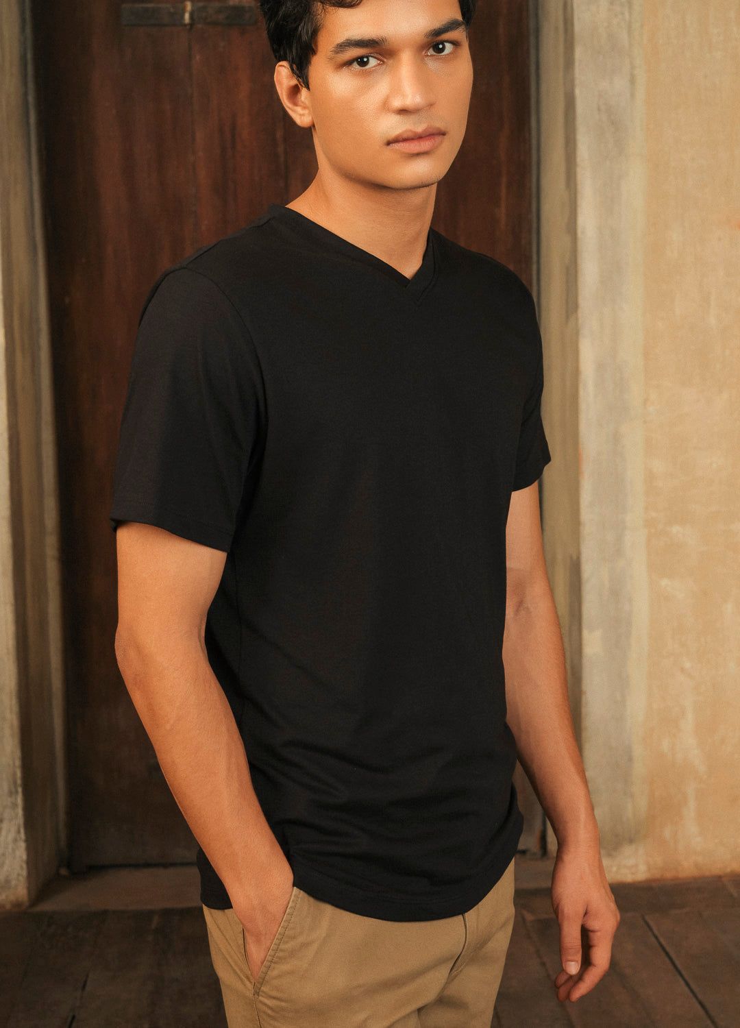 Classic Black Sustainable Cotton V Neck T Shirt For Men Online