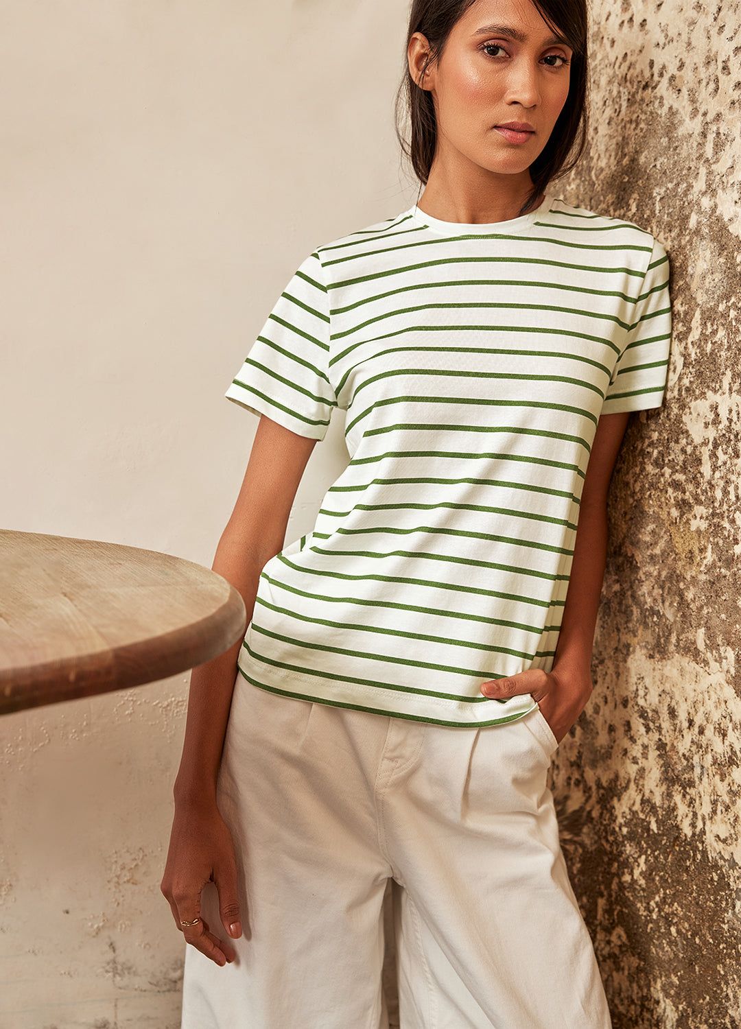 Olive Stripe White Organic Cotton T Shirt For Women Online